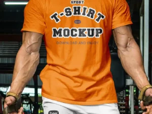 Sports T-shirt mockup with muscular model wearing custom athletic design and realistic shadows.