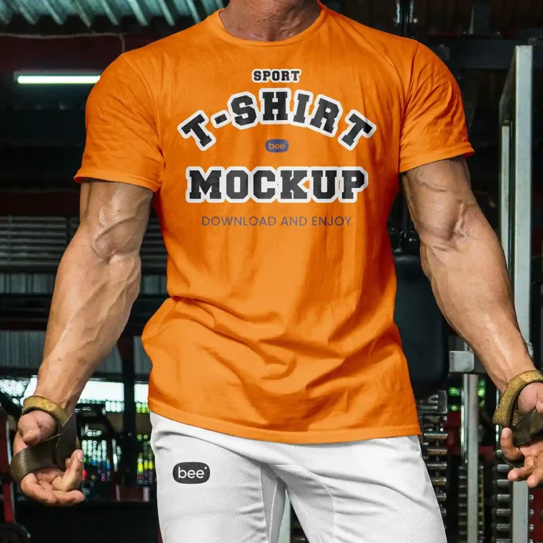 Sports T-shirt mockup with muscular model wearing custom athletic design and realistic shadows.