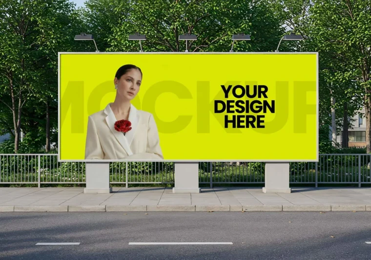 Realistic free street billboard mockup PSD with natural textures and sharp shadows for showcasing outdoor advertising designs.