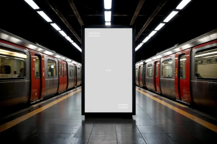 Subway platform sign mockup displaying poster design in glowing frame