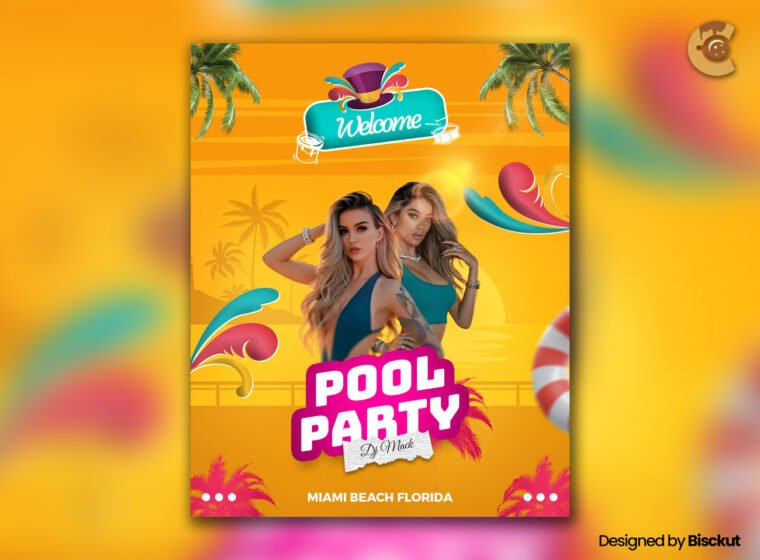Editable summer beach party flyer template PSD with sunset theme, perfect for print and digital event promotion.
