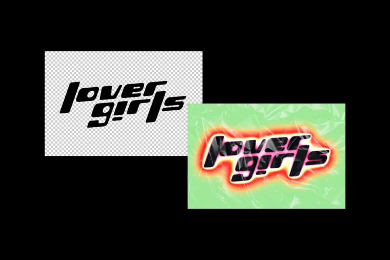 Side-by-side before and after text showing applied trippy blur neon glow effect in Photoshop