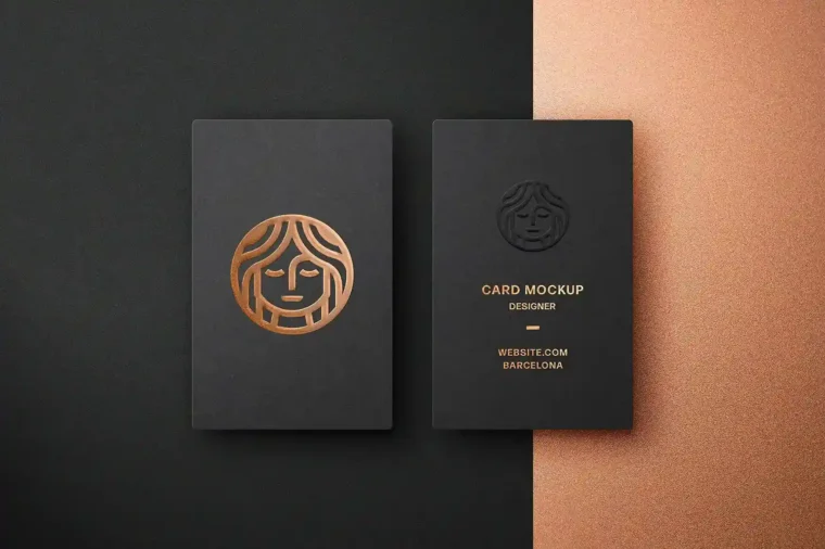 Vertical embossed business card mockup in a realistic scene