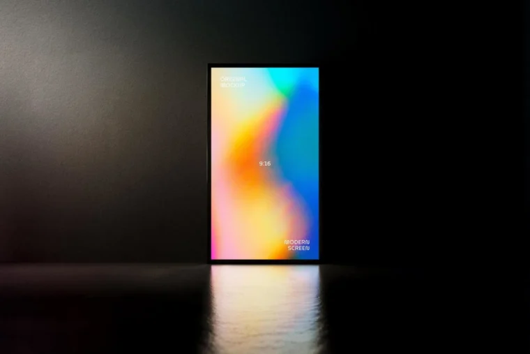 Vertical LED screen mockup PSD with glowing digital billboard display