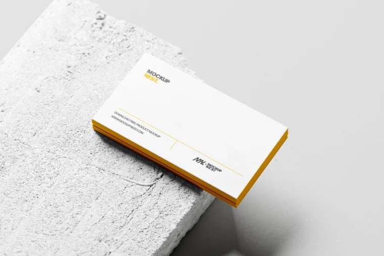 Visiting card mockup on concrete, PSD format, realistic scene with editable smart object layers.