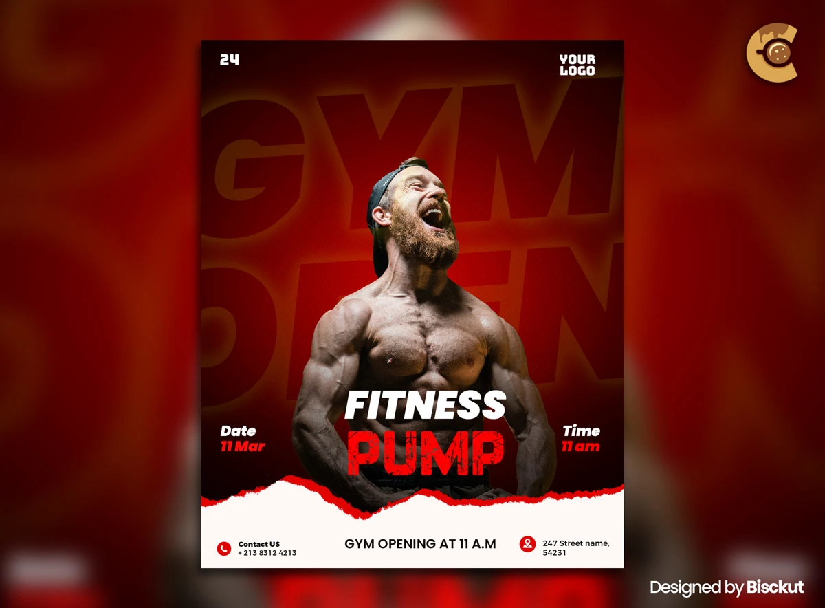 Free Gym Opening Flyer PSD Template | Bisckut Muscular man gym opening flyer template for fitness event promotion in bold red design.