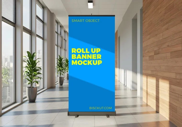 Office rollup banner mockup with realistic shadows and smart object for easy design editing.
