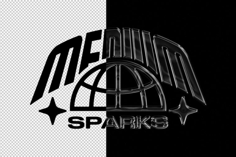 Before and after comparison of bold text with retro glass effect applied in glossy Y2K style