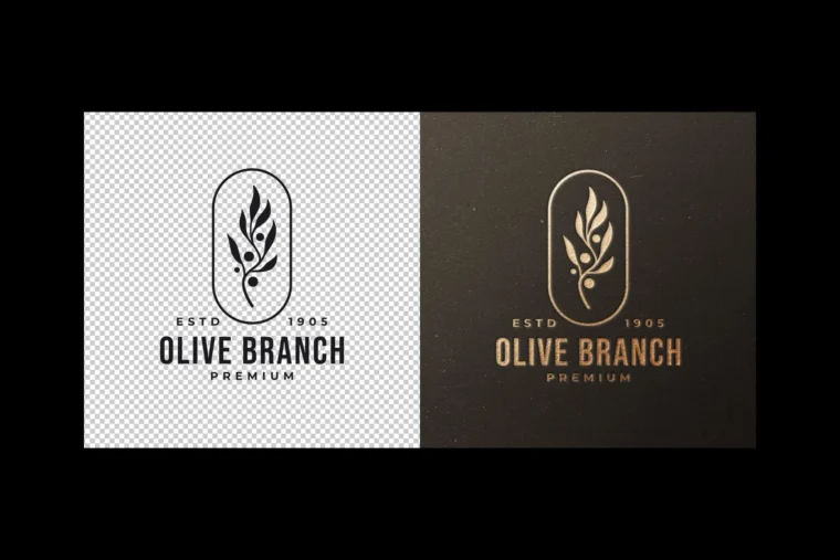 Side-by-side comparison of flat logo and golden foil embossed mockup on dark background