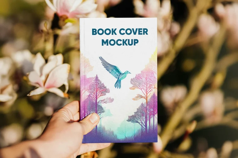 Free hardcover book in hand mockup with editable cover design