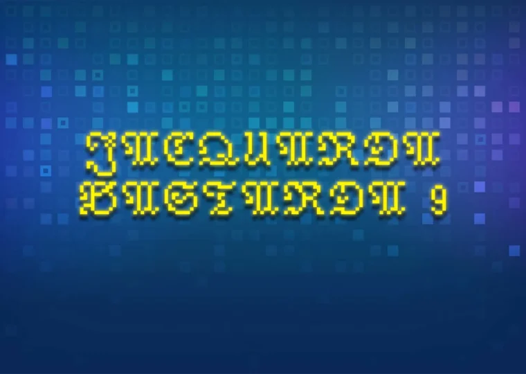 Jacquarda Bastarda 9 pixel font preview with Gothic letters and multilingual Latin characters