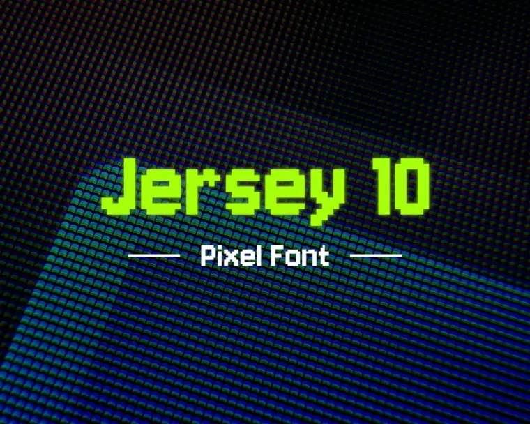 Multilingual display of Jersey 10 Pixel Font showcasing supported languages