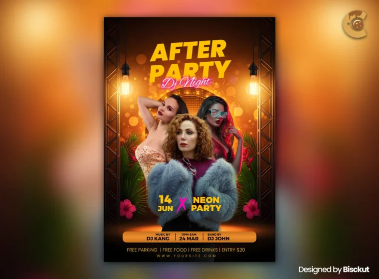 Free DJ night party flyer PSD with neon lights, models, and tropical background design.