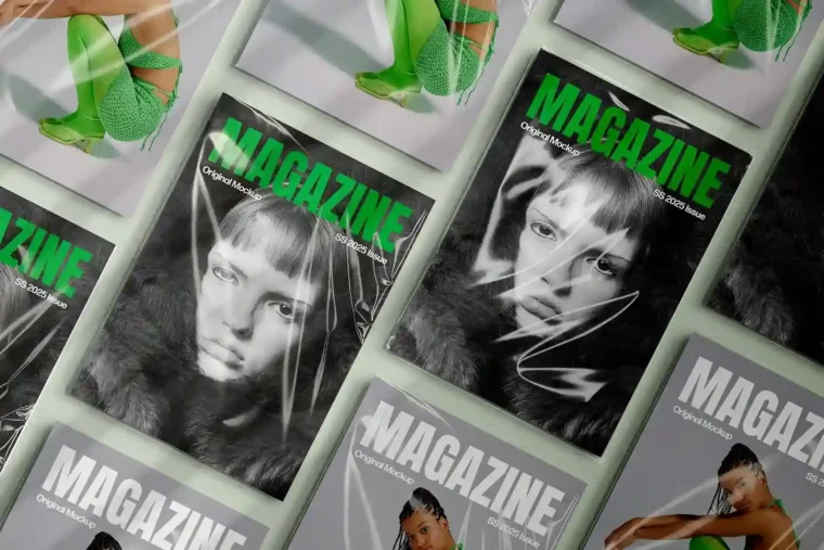 Plastic-covered A4 magazine mockup PSD with smart layers and realistic shadows for professional design previews.