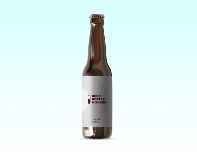 Realistic beer bottle label mockup PSD with editable label, wet texture, and custom background option.