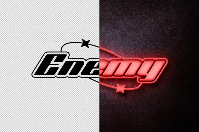 Split view of editable 'Enemy' logo mockup with neon effect and vector outline.