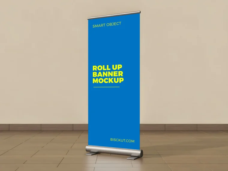 Roll-up banner mockup PSD with smart object for design presentation