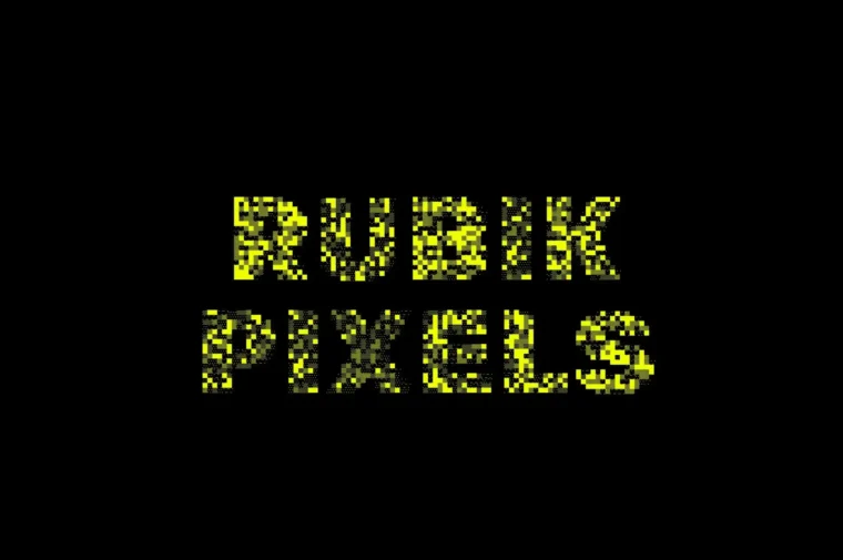 Rubik Pixels glitch display font with pixel style and techno vibe, perfect for games and digital design.