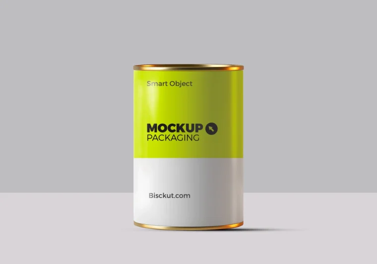 Tin can mockup with isolated background and shadows, showcasing editable label design on metallic can.