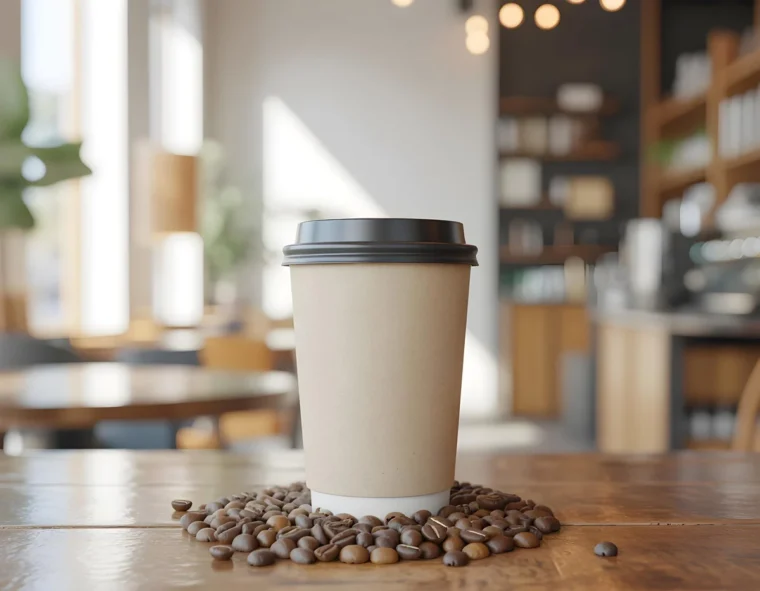 Blank paper coffee cup mockup on wooden table with coffee beans in a cozy café background
