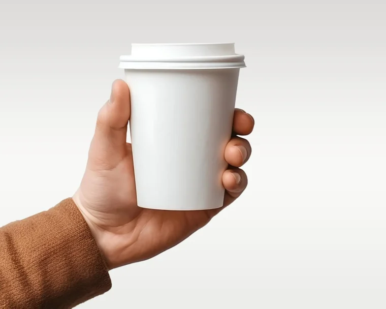 High-resolution takeaway cup mockup in a realistic hand-holding pose.