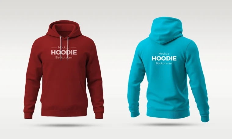 High-res PSD mockup displaying front and back hoodie in one frame, editable layers and realistic shadows for apparel branding