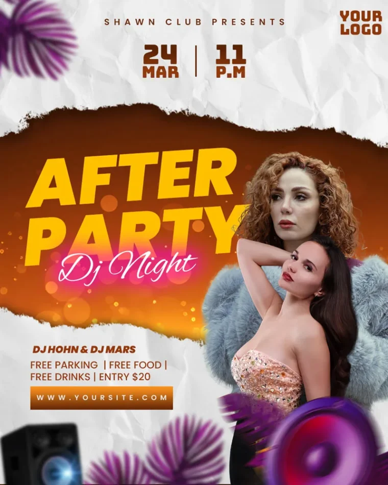Free night club party flyer PSD with glamorous models and bold DJ night club event layout