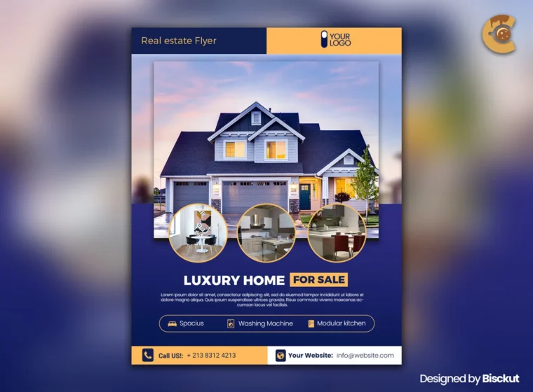 Editable real estate flyer design featuring modern home listing and contact details