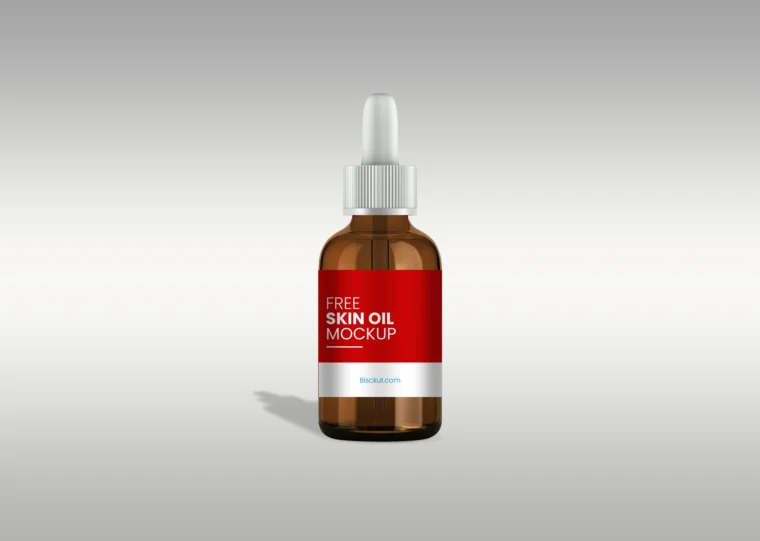 Serum oil Bottle Mockup with Red Label on Grey Background – Free PSD, Editable and Photo-Realistic for Commercial Use